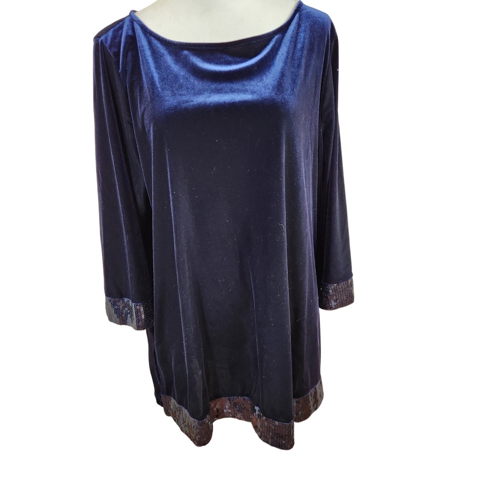 Susan Graver Artisan Velvet Sequin Trim Tunic‎ Top Womens 1X Blue Modest Blouse